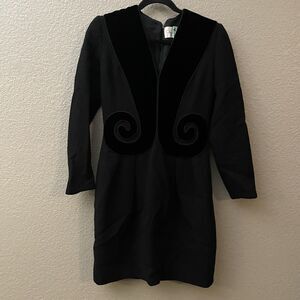 Vintage OSCAR DE LA RENTA Dress Womens 4 Black Velvet Trim Wool Sheath Art Party